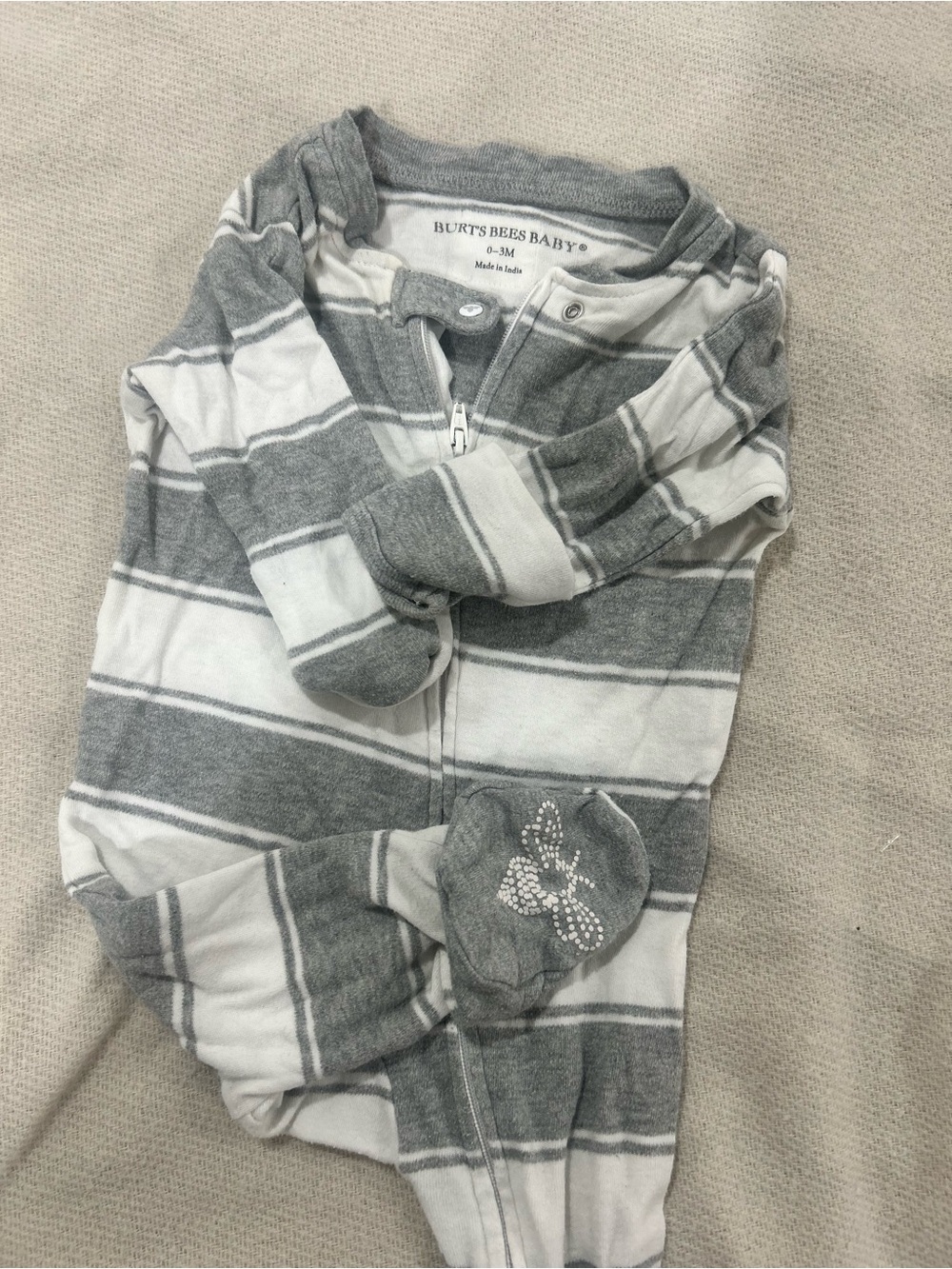 Burt's Bees Baby Gray & White Striped Zip Footed Sleepsuit with Dragonfly